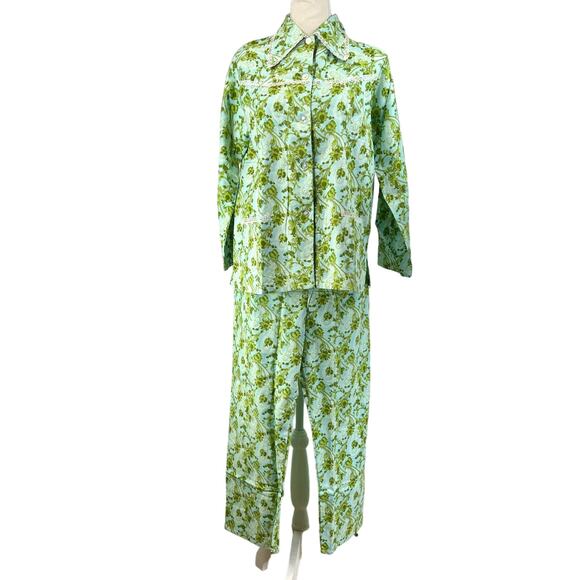 Vintage 70s Paisley Sleep Set Petite Psychedelic Dagger Collar Green Pajamas - Picture 1 of 11